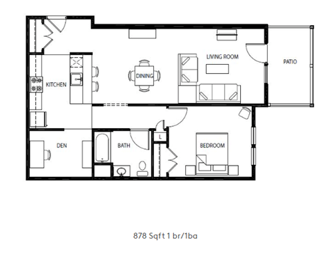 Floor plan for 1 bed, 1 bath, 612 sqft